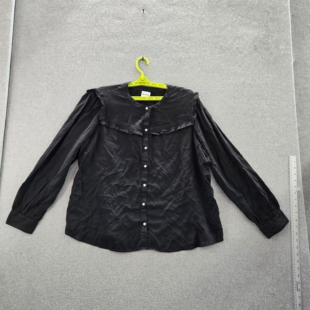 Old Navy Women Button Up Shirt XL Black Ruffle Round Neck Front